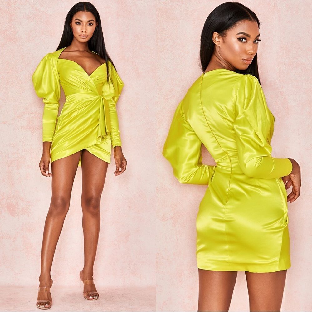 House Of Cb Marionella Satin Mini Green Lime Dress Draped Size S